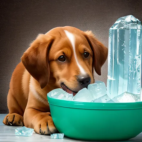 a real dog licking the ice cubes in a bowl, green background, real dog, frozen delight, brown ice cubes