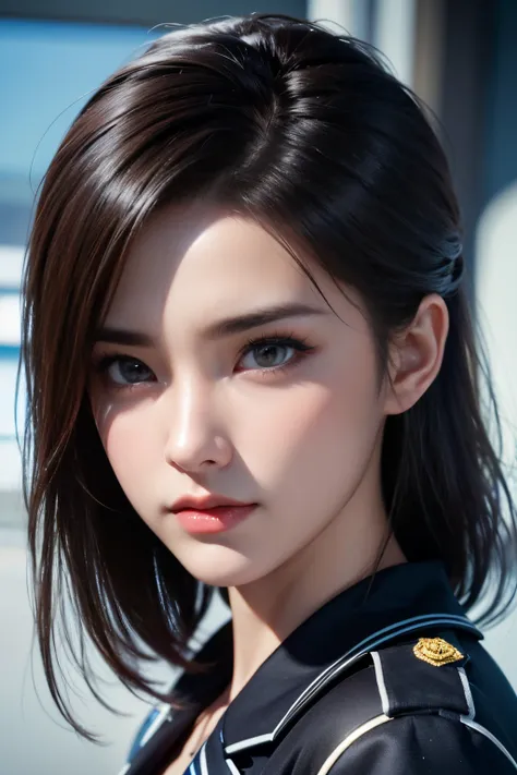 high high quality,A high resolution,masterpiece,8K,(Hyperrealistic photos),(Portrait),digital photography,(真实感:1.4),20岁女孩,exquisite facial features,a purple eye,Red Eyeshadow,((Policewoman)),Random hairstylelack color hair),Big breasts,(Police uniform,Comb...