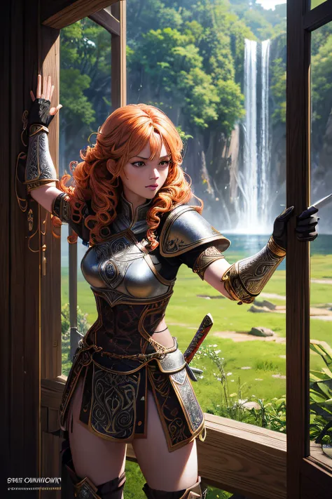 young teen girl, ancient celtic warrior, evil look,,combat stance, wielding a sword,  ancient celtic armor, highly detailed, ancient forest in background, curly ginger hair, vibrant appearance, creative behavior, extremly detailed, imaginative, sensual, sp...