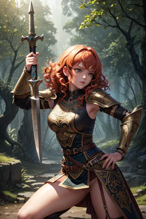 young teen girl, ancient celtic warrior, evil look,,combat stance, wielding a dagger,  ancient celtic armor, highly detailed, ancient forest in background, curly ginger hair, vibrant appearance, creative behavior, extremly detailed, imaginative, sensual, s...