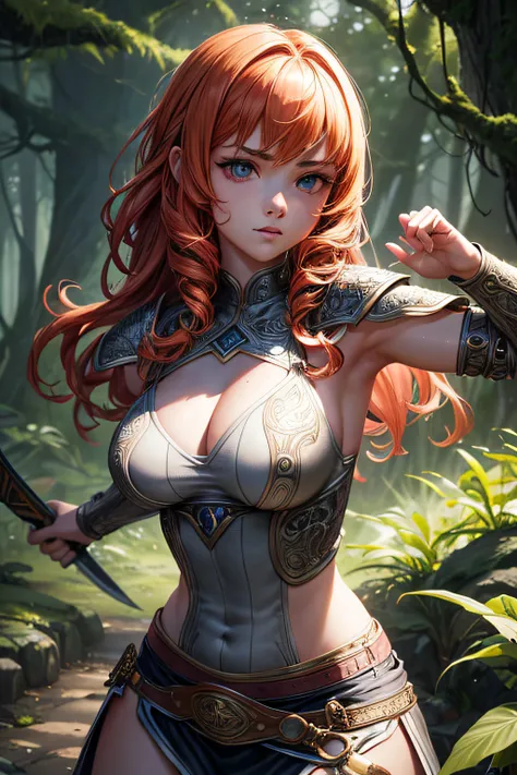 young teen girl, ancient celtic warrior, evil look,,combat stance, wielding a dagger,  ancient celtic armor, highly detailed, ancient forest in background, curly ginger hair, vibrant appearance, creative behavior, extremly detailed, imaginative, sensual, s...