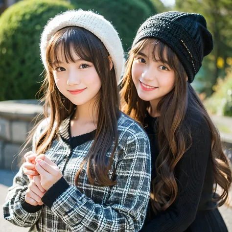 The girl on the left has long hair, her hair is curled, her bangs are long, and she is wearing black long-sleeved clothes.、The pose is touching the cheek with the right hand。The boy on the right is wearing a black knitted hat and long-sleeved plaid clothes...