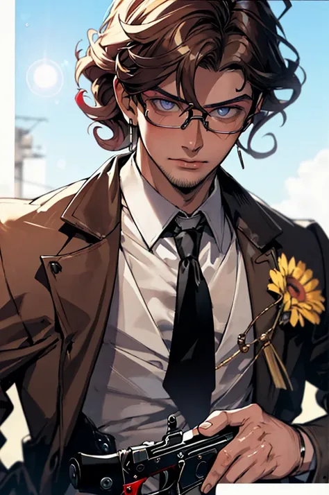 masterpiece,best quality,(1man:1.3), 25 years old,short hair,colored tips,curly hair,colored glasses,earings,gun,tie,topless,corset,mafia style,handcuffs,wrap coat,street,Close-up,from above,(dutch angle, fisheye),lens flare,depth of field