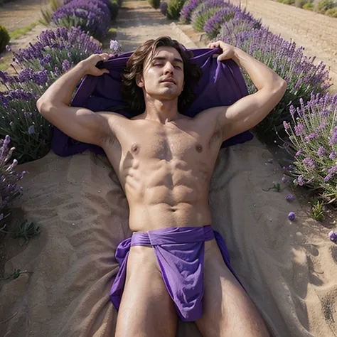 A naked man with a purple loincloth on laying down in a lavender field