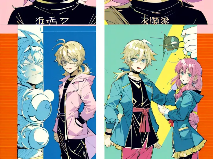 supreme， green down jacket，lime color hair，pink eyes，Standing on your feet，submachine gun，Chinese girl design，Detailed Genshin graphics，anime character design，anime concept art，pretty anime character design，anime character reference sheet，[Character design...