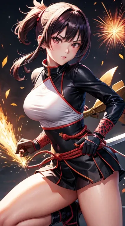 High quality,high detailing,masutepiece,in 8K,kunoichi(Hold the sword)(in fighting)(huge tit)(A sexy),vila(Japan),Flying sparks