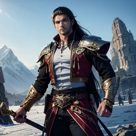 1male people、slender muscular body、Super beautiful man、超A high resolution、An ultra-high picture quality、8K、Wonderful expression with attention to detail、wearing silver western armor、Raise the sword in your hand々And bring up、Majestic mountain々mont々mont々A la...