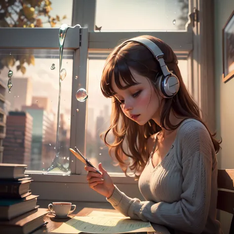 Amelia found herself nestled by the window, the gentle glow of the afternoon sun casting a warm embrace around her. The rhythmic patter of raindrops danced on the glass, creating a soothing melody that complemented the music flowing through her headphones....