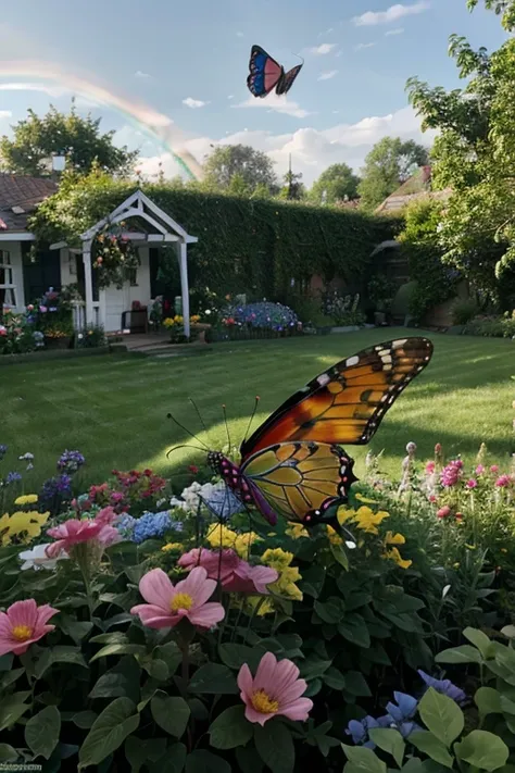 Rainbow butterfly flying in the garden in front of the house, Very detailed, Реалистичность 4K