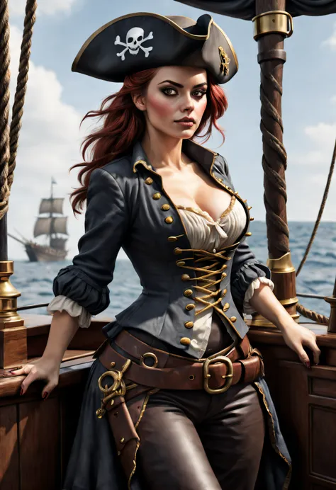 belle femme pirate, sur un bateau de pirates, guerre, style dessin