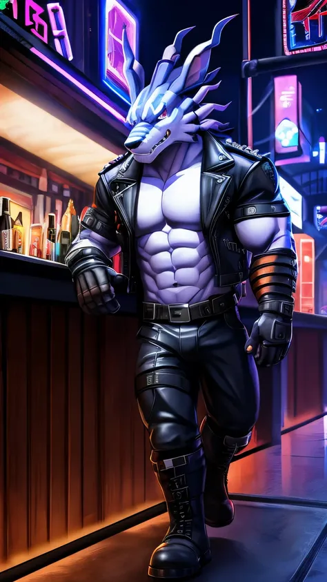 furry weregarurumon boy, muscular, bar restaurant, cyberpunk, a take beer drink, night, wear leather jacket, leather arms and hands glove, leather legs and boots, leather pants, behind the light, anime, digimon, 4K