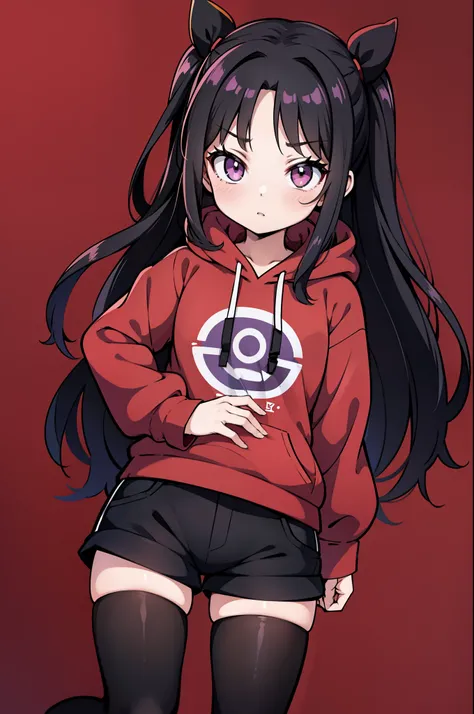 anime female pokemon trainer, black oversize hoodie, black long hair, stockings, shorts, red cheeks, dark eyes, clean dark-purple background, tohsaka rin inspired