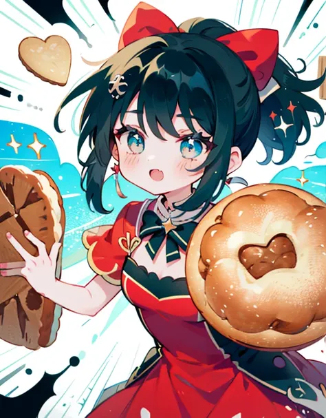 Azhiichigo style，big eyes, Thick lines, Cute, 1girl, cookies, Breads, lush bright red dress, blue eyes and black short hair with a ponytail, Happy, Floating, Kawaii, Cute, sparkles, magic bakery