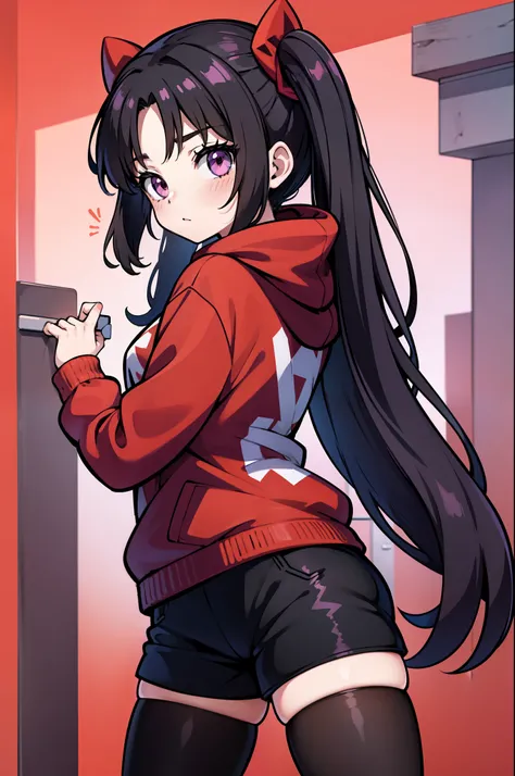 anime female pokemon trainer, black oversize hoodie, black long hair, stockings, shorts, red cheeks, dark eyes, clean dark-purple background, tohsaka rin inspired