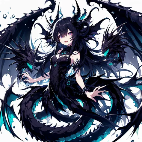 charybdis. female dragon. deep sea fish element. mesukemo. black body. stinging. sharp teeth. luminous. luminescent organ. tenta...