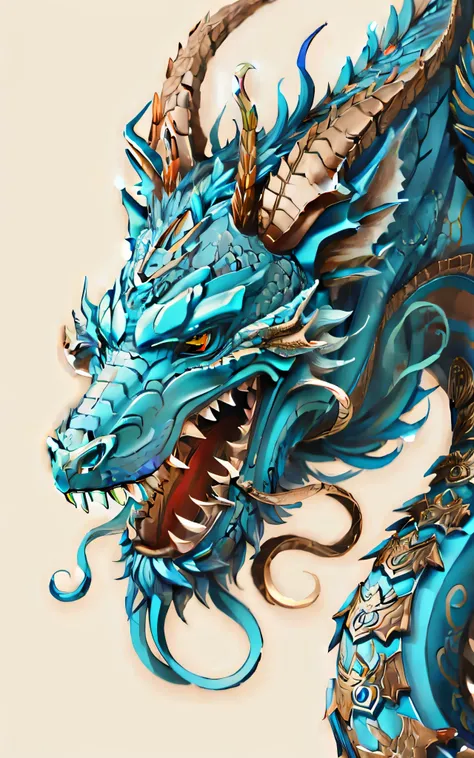 a close-up of a dragon head with a long tail, cyan chinese dragon fantasy, altamente detalhado e colorido, criatura altamente detalhada, criatura detalhada, blue dragon, Aaron Horkey, arte colorida ultra detalhada, arte detalhada em cores, inspired by Kame...