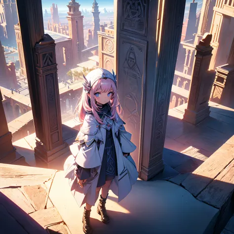 1B girl，In Monument Valley，magic castle labyrinth，little girl looking for lost treasure，geometric space，Regular three-dimensional pattern without order，ancient totem pole，tall monument，complicated stairs,Pink space