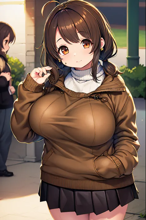 Lorua,, , 1girl in, Ahoge, Bangs, Black skirt, Black sweater, Blue Nails, Blurry, Blurry background, breasts, Brown eyes, Brown hair, Brown jacket, Closed mouth, fixed, day, depth of fields, earrings, Eyelashes, Hand up, Head tilt, Jacket, Jewelry, Long ha...