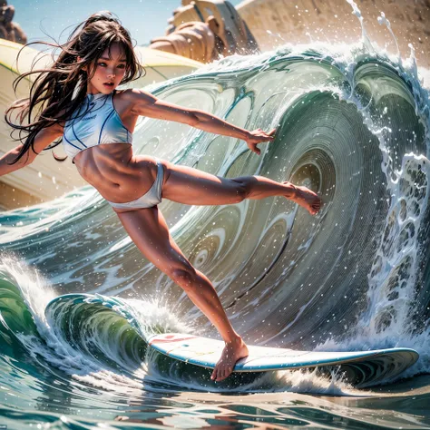 (((NSFW STILL SHOW, Acutance))), a tiny Surfer girl in white swimsuits, (((engaged in the act of surfing))), glistening tanline with ivory skin bikini line, under the mesmerizing back lighting. They gracefully ride the powerful waves, showcasing their ((Be...