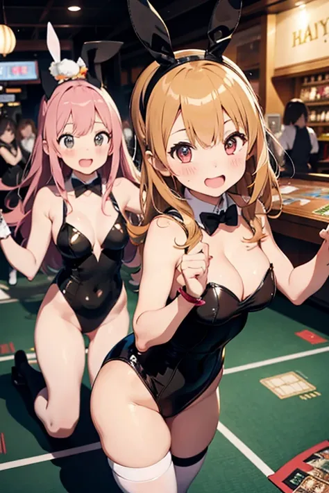 2girls, wearing (bunny suit), playboy bunny, leotard, glossy, tighhigh, holding witch wand,
dynamic pose, magic circle on floor, indoor, casino,