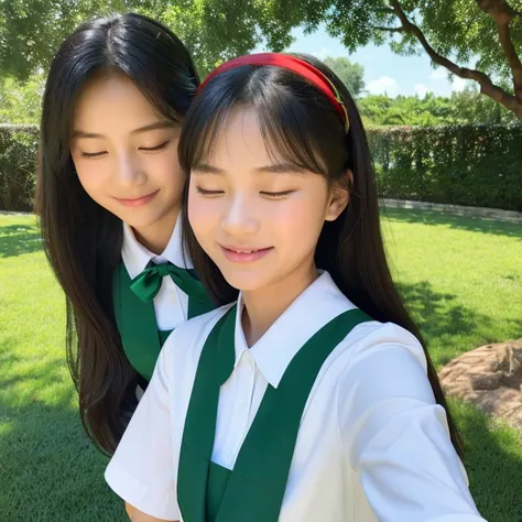 The girl on the left has her eyes closed.、The girl on the right is looking at the girl on the left., Take a selfie with the Disney Pixar poster against a green nature background.。Both wear uniforms with white shirts and red ribbons..