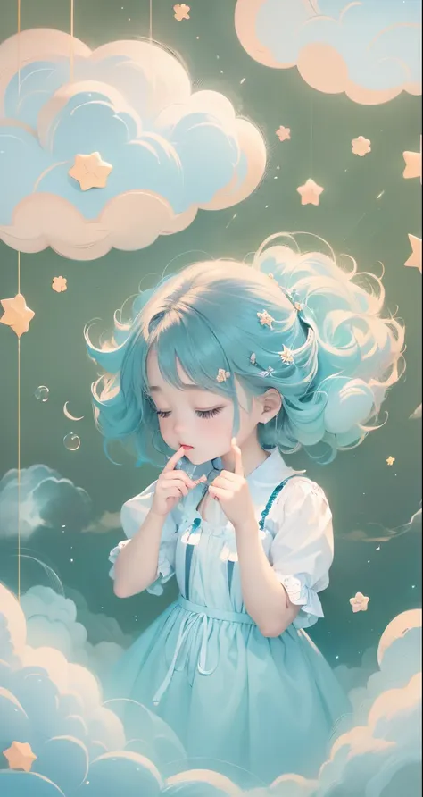 (Best quality at best,4K,8K,A high resolution,tmasterpiece:1.2), The girl in the clouds has hair like cloudany fluffy clouds。tiny stars。light colors hair。In a dream。dream illustration。Dreamy colors。Childrens illustration style。