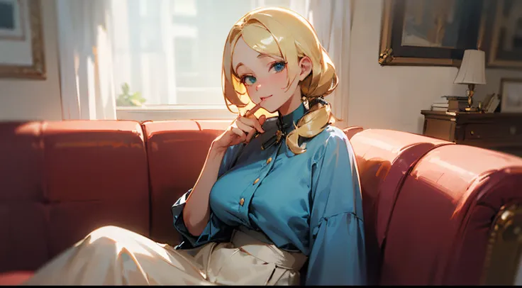 ((Best quality at best)), ((tmasterpiece)), (Detailed pubic hair), s the perfect face，coiffed blonde hair, fifty year old woman, Relatively fat，Wear civilian clothes，Sitting upright on the sofa in the living room，looks into camera