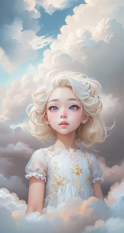 Beautiful little girl in the clouds，looming in the clouds。light colors hair,weightless hair，Hair stands on end。gossamer，The eyes are bright。skin detailed。The facial features are as beautiful as clouds，cloud:1.37。（Guviz-style artwork, ），​​clouds：1.37.Cute a...