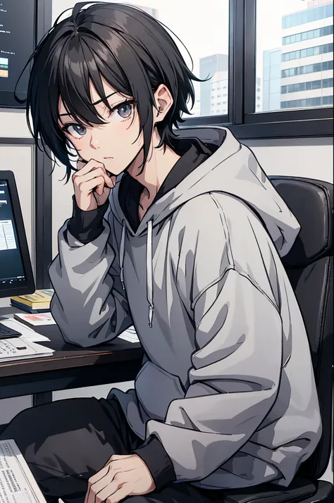 An anime boy with short black hair wearing a gray hoodie is sitting at his office desk., (Run task 1.5) (tired expression 1.5) (Sweat 1.3) (wallpaper company office 1.3) anime style 4 k, Animation Rendering, Anime style. 8K, Handsome anime face (Upper Body...