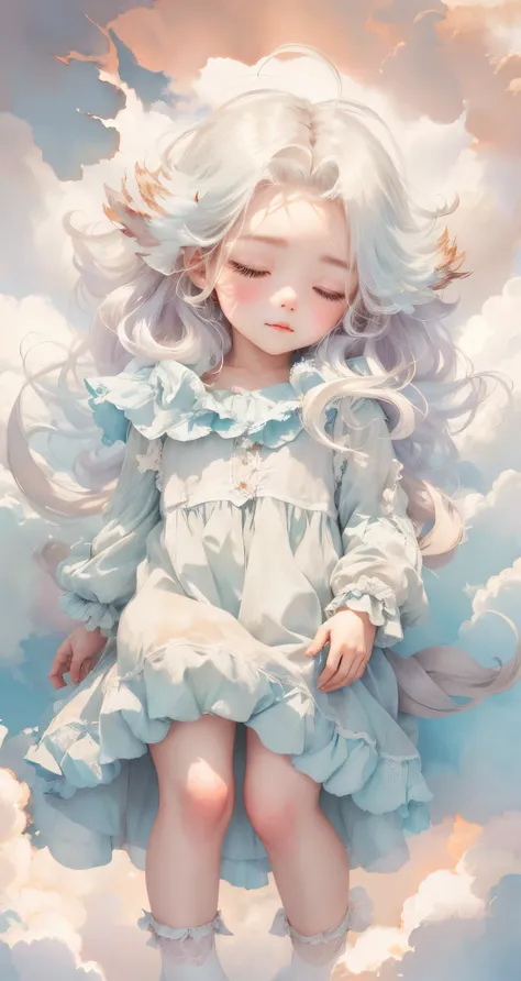 Cute little girl fell asleep in the clouds，looming in the clouds。light colors hair，gossamer，skin detailed。The facial features are as beautiful as clouds，cloud:1.37。（Guviz-style artwork, ），​​clouds：1.37.Cute and detailed digital art, Detailed digital art,  ...