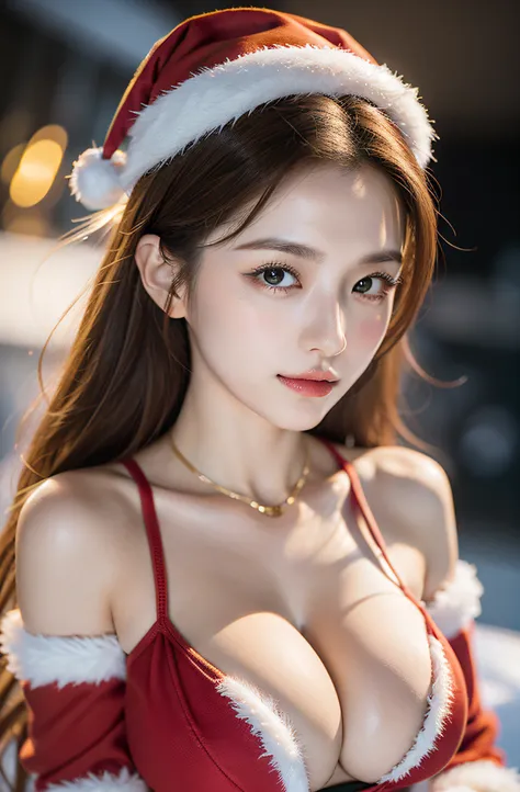 nipples exposed、Lori face、santa claus、a blond、Snow Santa performance at the ski resort、Photorealistic images of solo idols, Morning Musume inspired by Eri Kamei, Radiates charm and beauty with plenty of bust and subtle exposure of cleavage. Images must ref...