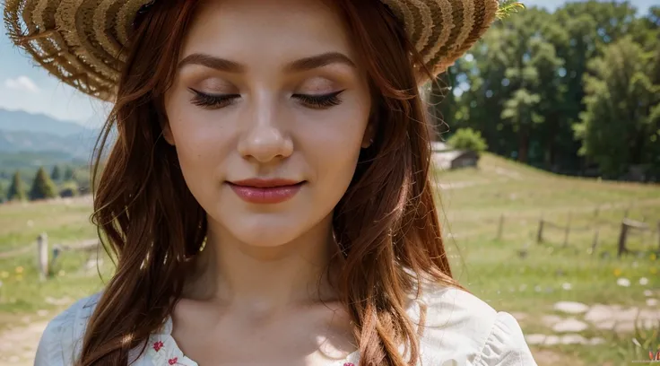 young girl ,slavic look,folk clothes,dress,blurry background,red hair,lite make up,outsite,mountain,sun,pink lipstick,polish,portrait,4k,ultra realistic,realistic face,selfie,close up,smiling, sexy look,temptating,blink.one eye closed,one girl