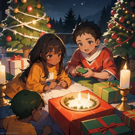 High quality, Ultra HD, 8K, create a masterpiece scene of black african family, dark skin, brown skin, enjoying christmas day in their house, while they are sharing gift, in the night, colorful christmas trees in the background, anime style, kids, colorful...