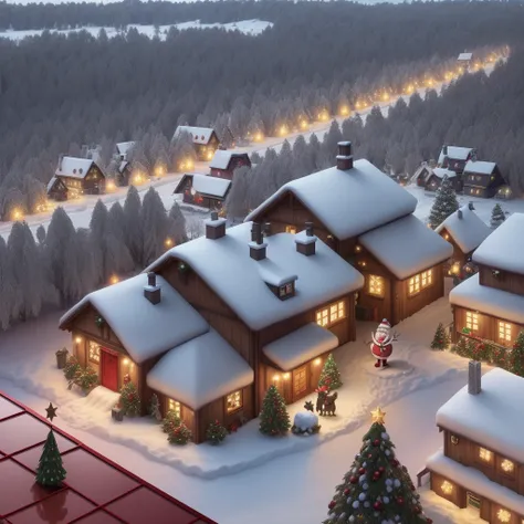 Christmas, christmas present, santa claus with reindeer, village with photovoltaic panels, photo, cinematic