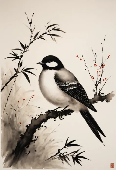 (Best quality at best,A high resolution,tmasterpiece:1.2),ultra - detailed,ink and watercolor painting,maximalist,Chinese,birds in branches,Loose brushstrokes, artworks,subtletextures,Elegant and ,expressive ink,Black and white,Striking,finely detailled,ze...