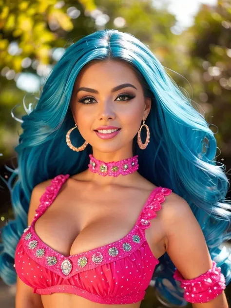 Una foto de MSE una mujer barbie, cheerful expression, Hermoso cabello rubio movido por el viento, vestido de princesa movido por el viento, bright design, colores pastel, gotas de tinta, Autumn Lights, jewely, collar, esposas, arete, ( cabello rubio: 1.1)...