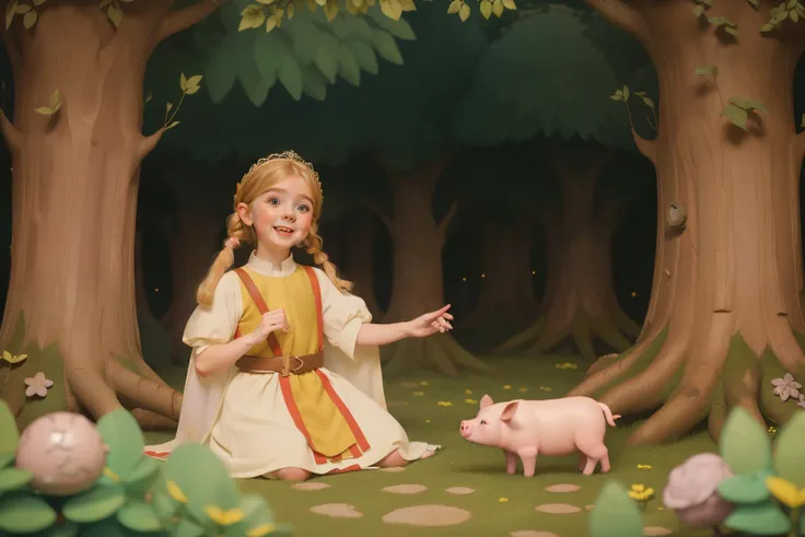 1135, England. scene with an otherworldly forest, ((((7-year-old)) Mckenna Grace)), happy girl, with a pig, ((((poor tunic from the 12th century)))), ((Hairstyle of the 12th century)), ((Wes Anderson cinematic style)), colorful