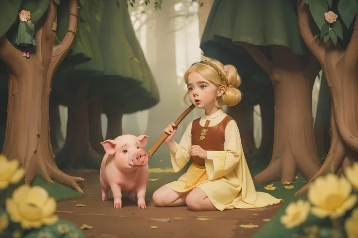 1135, England. scene with an otherworldly forest, ((((7-year-old)) Mckenna Grace)), happy girl, with a pig, ((((poor tunic from the 12th century)))), ((Hairstyle of the 12th century)), ((Wes Anderson cinematic style)), colorful