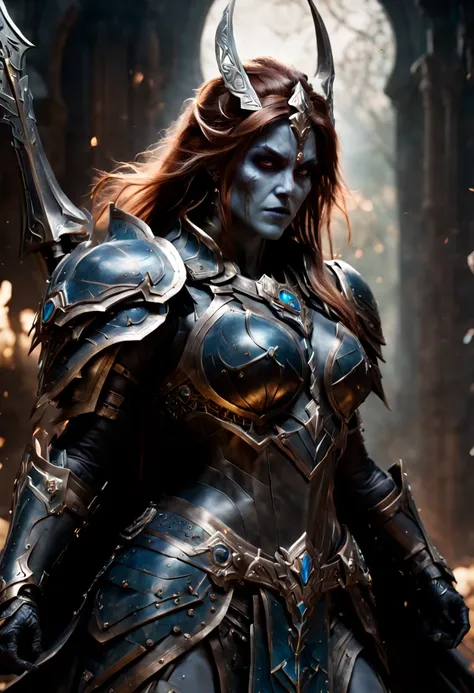 Hyper detailed photograph of a captivating upper body portrait of Sylvanas Windrunner,world of warcraft, in armor with sword and shield posing for a picture, beautiful female knight, cunning expression that tells tales of countless fights, (looking at view...