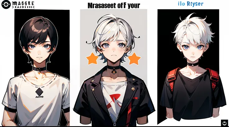 ((Masterpiece, Highest quality)), Detailed face, character sheets, full bodyesbian, Full of details, Multiple poses and expressions, Highly detailed, Depth, Many parts, 1boys,for 6 years old  :3, White color hair，Black pick dye， Black crop top， mitts, Stoc...