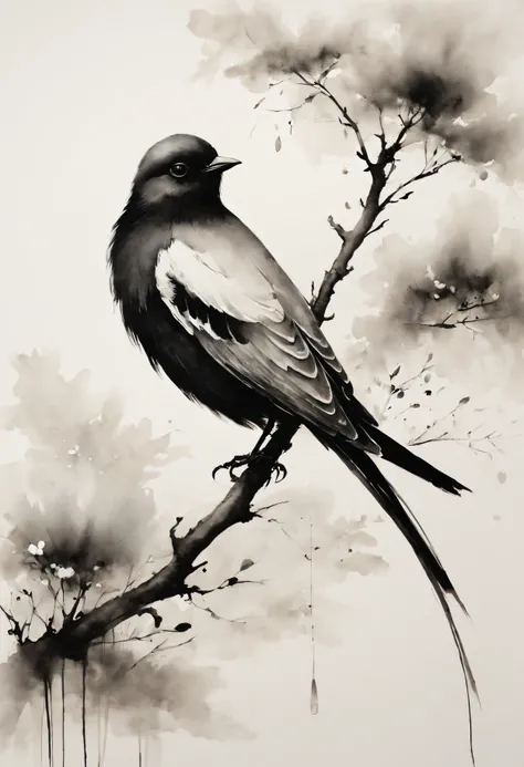 (Best quality at best,A high resolution,tmasterpiece:1.2),ultra - detailed,ink and watercolor painting,maximalist,Chinese,birds in branches,Loose brushstrokes, artworks,subtletextures,Elegant and ,Dynamic ink flow,expressive ink,Black and white,Striking,fi...