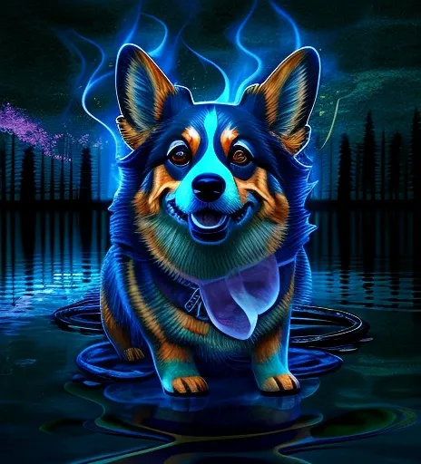 fantasy. A corgi created of darkness, with eyes that glow. the air around it seems ethereal. it stands in front of a lake made of blue fire. evil