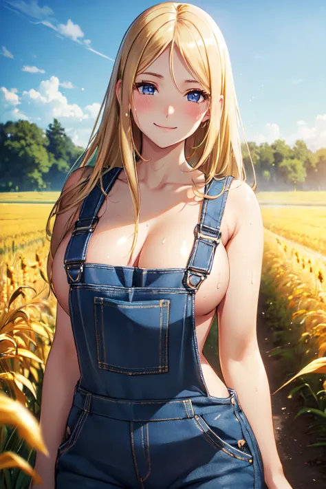 (High quality, High resolution, Fine details), Realistic, (Straight road), (tall cornfield), (naked:1.3), (overalls), solo, curvy women, Blonde hair, sparkling eyes, (Detailed eyes), smile, blush, Sweat, Oily skin, shallow depth of field