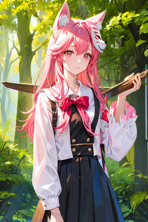 On a sunny day, A beautiful girl walking in the forest.girl wearing fox mask，Upper body only, with pink hair, Wear a beautiful hairpin on your head, She has a bell tied to her hand, and a black skirt.It’s 8k ultra high definition.