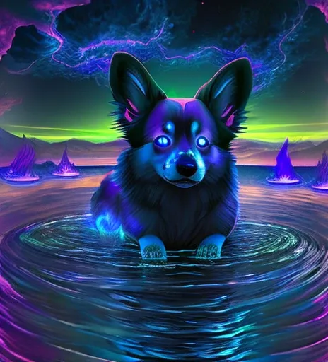 fantasy. A corgi created of darkness, with eyes that glow. the air around it seems ethereal. it stands in front of a lake made of blue fire. evil