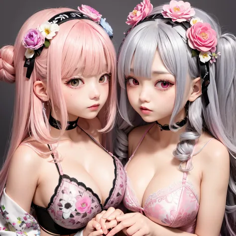 The upper part of the body、one girls、i have silver hair color、Two-tone、(highlight pink)Bun hair、Curly hair、silver and pink hair color、floral headband、Black bra，Emphasizes floral lace with gradation colors、Tremendously large breasts、pantiy(Emphasize and hig...