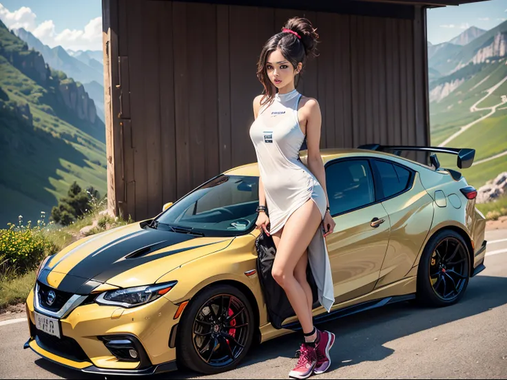 beautiful woman and sports car、超A high resolution、An ultra-high picture quality、8K、Wonderful expression with attention to detail、early summer valley、beautiful fresh green、A bright red sports car parked on a mountain pass.Nissan Pulsar GTS－r　sports 5 door c...