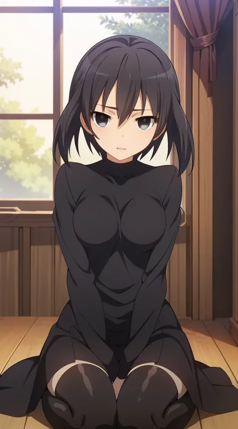 (masterpiece), best quality, expressive eyes, perfect face, kurome , black hair ,short twin ,short hair, black  eyes, medium  breasts, anime art style, official art, slightly head tilt, sexy pose,siting on bed , ((nude)),background modern bedroom on window...