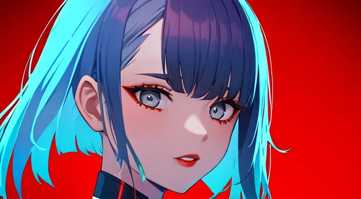 lucy (cyberpunk), 1girl, bangs, blue hair, colored tips, close up, from side, grey eyes, jacket, long sleeves, looking at viewer, medium hair, moon, multicolored hair, parted bangs, parted lips, pink hair, portrait, red eyeliner, red lips, solo, white jack...