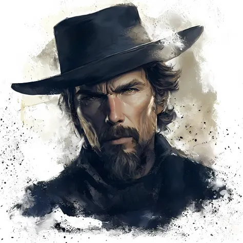 A closeup of a red-haired man wearing a hat and a black shirt, [ Western film ], Red Dead Redemption art style, James Gurney painting style, style of a Clint Eastwood movie, James Gurney style, western film, a portrait of the character, no beard